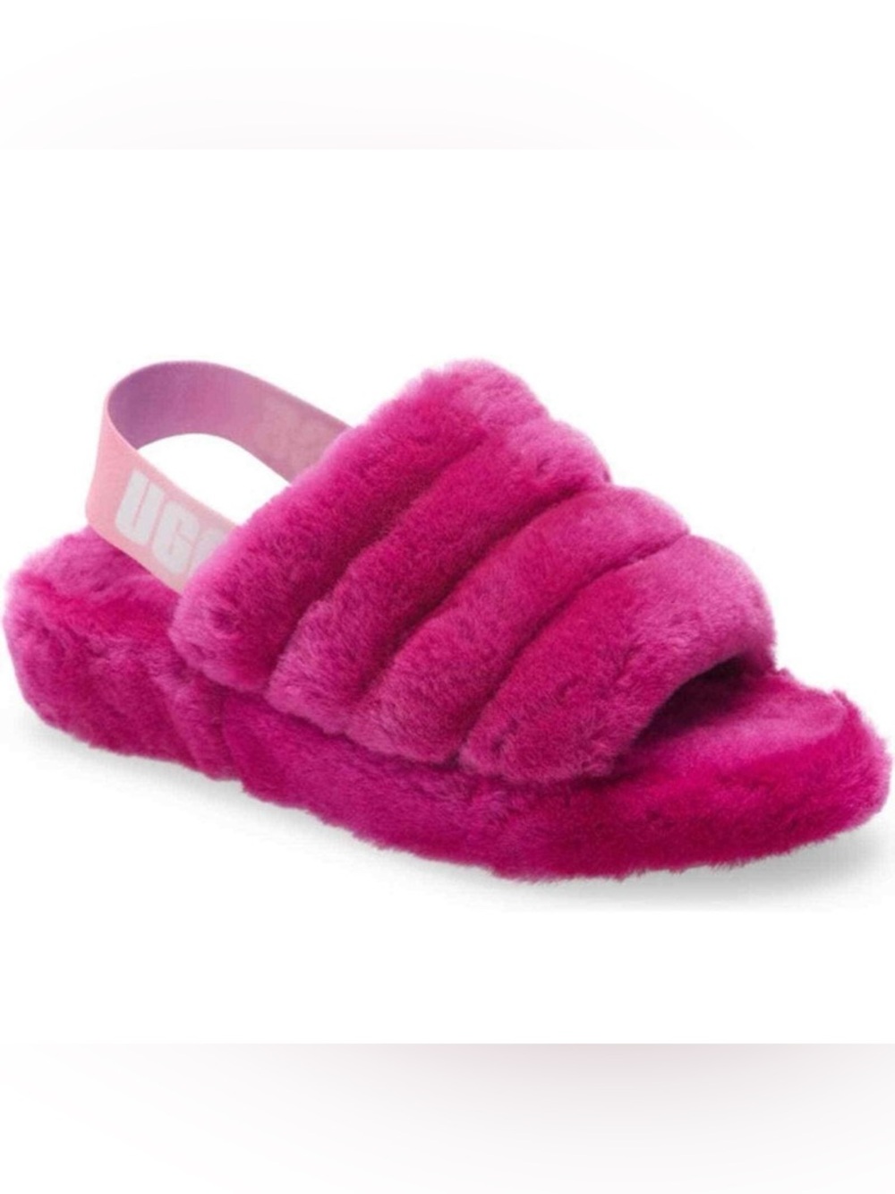 UGG Pink Fluffy Slide Sandal with Branded Elastic Strap